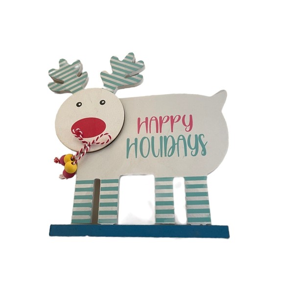Holiday Wood Reindeer W/Stripe Antlers Bead Necklace Merry Christmas Decor READ - Picture 1 of 2